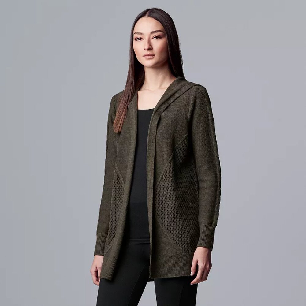 Simply Vera Vera Wang open front cardigan w/ hood pockets earthy brown EUC sz L